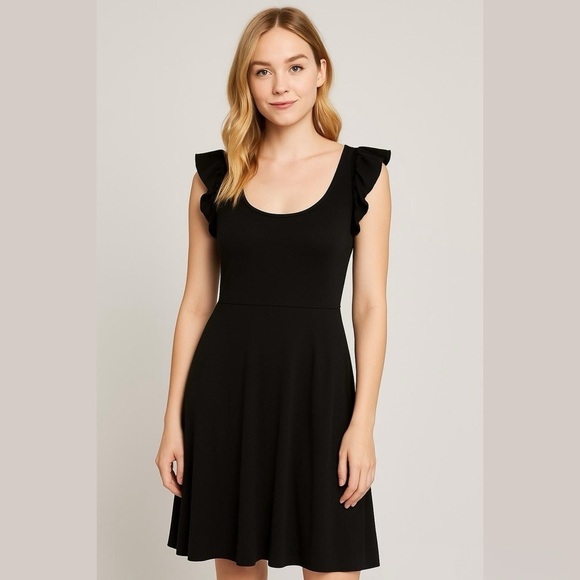 LOFT Dresses & Skirts - Loft Black Ruffle Sleeve Jersey Flounce Dress Size 6